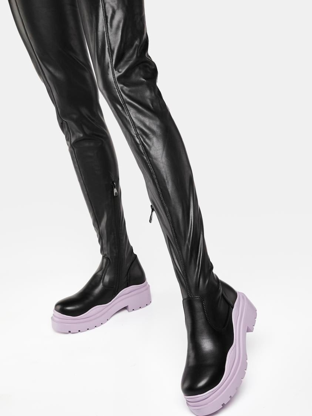 Azalea Wang Black Naomi Thigh High Boots  Purple Lug Sole Boots Flatform Size 9